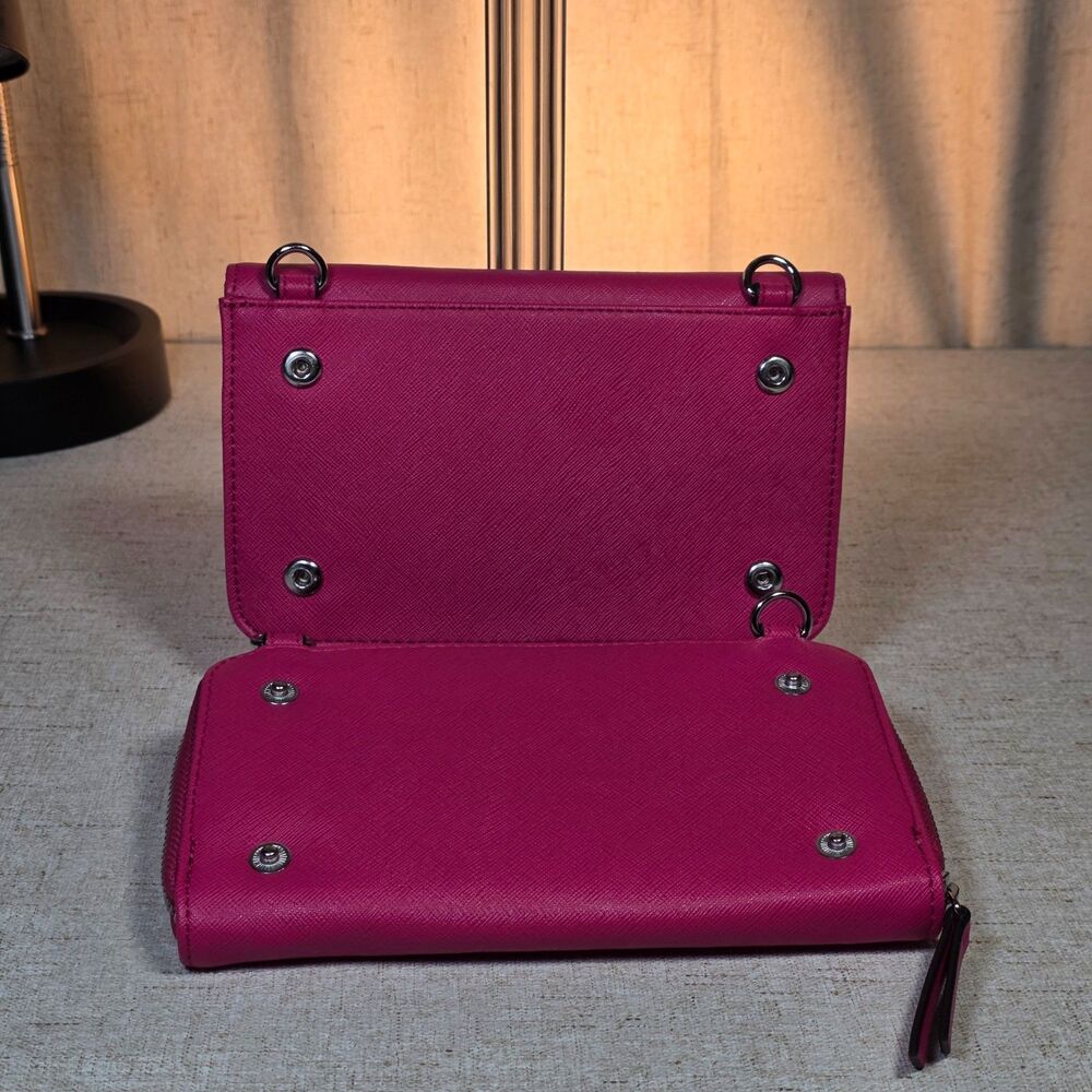 Nine West Magenta Saffiano Flap Zip Around Wallet Crossbody Purse